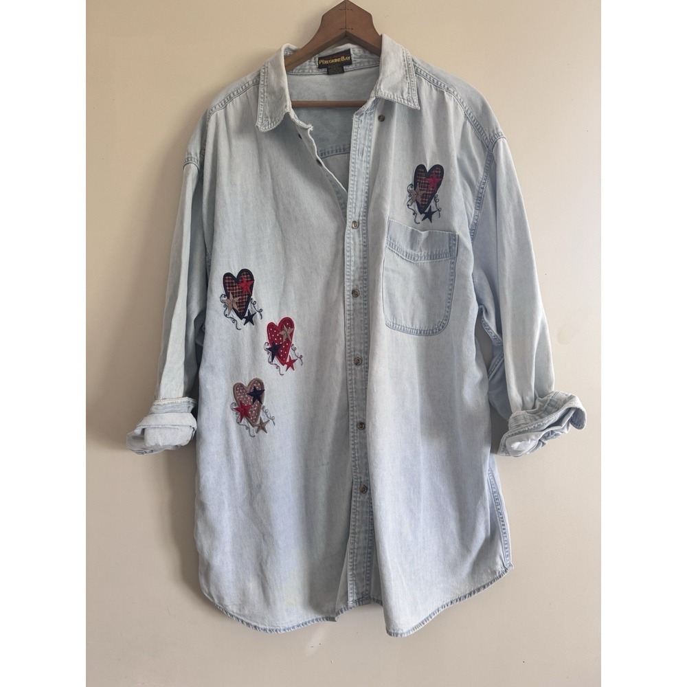 Women's Vintage Xxl Thrashed Distressed Button Down Hearts 90s Baggy Appliqué